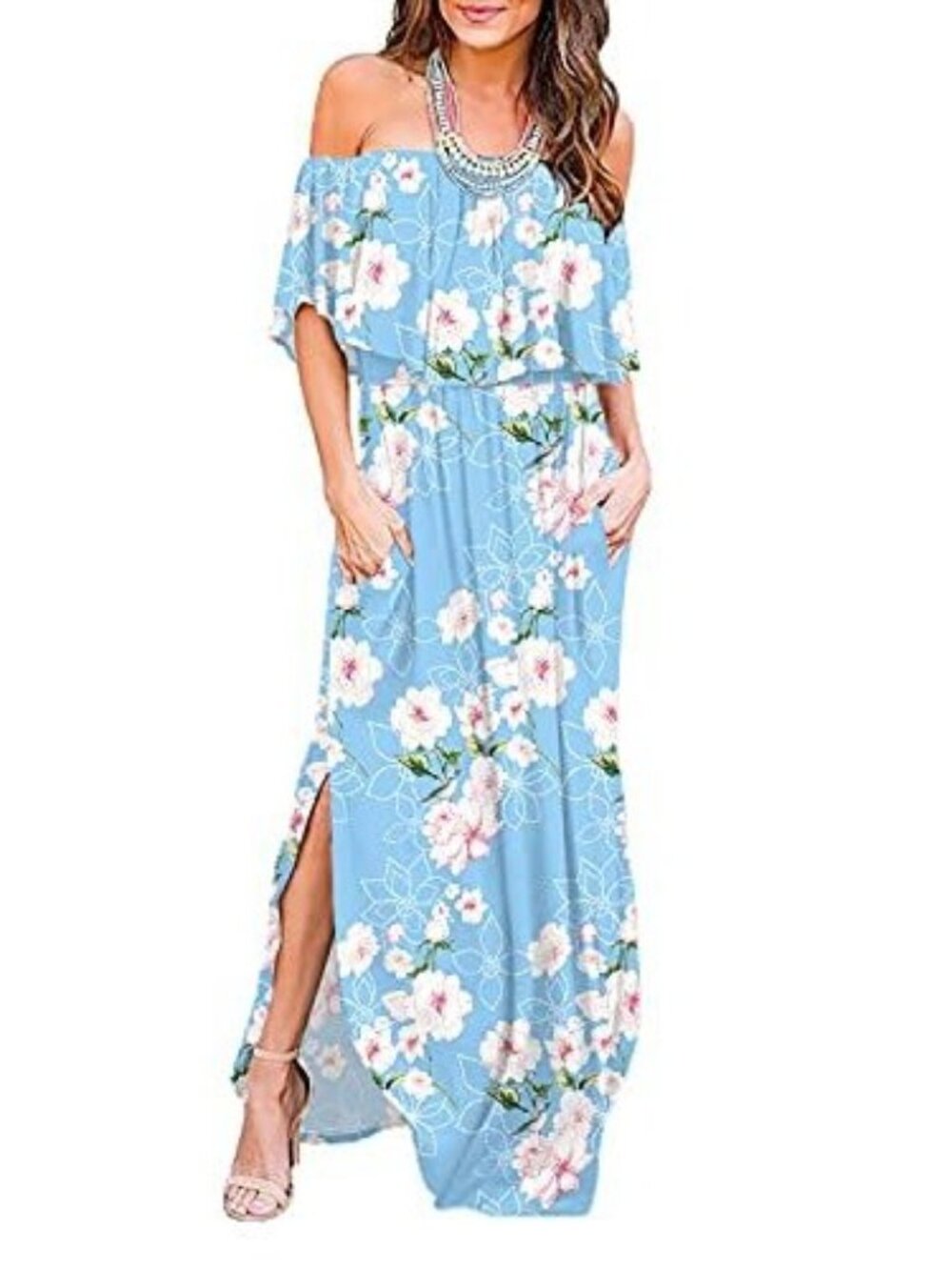 LilBetter Floral Off-The-Shoulder Maxi Dress | Blue with Pockets, Size Small